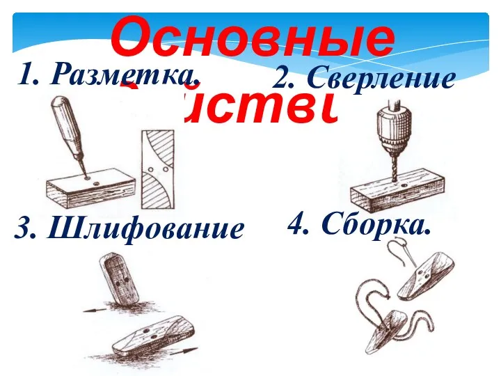 Основные действия. 1. Разметка. 2. Сверление 3. Шлифование 4. Сборка.