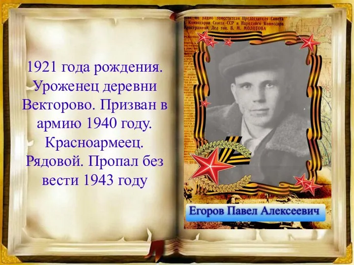 1921 года рождения. Уроженец деревни Векторово. Призван в армию 1940 году.