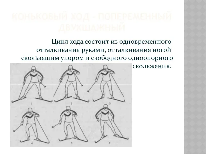 Цикл хода состоит из одновременного отталкивания руками, отталкивания ногой скользящим упором