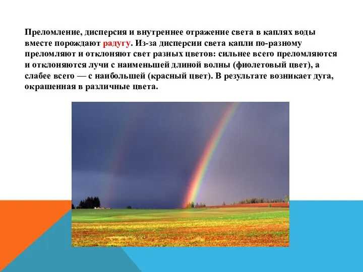 Преломление, дисперсия и внутреннее отражение света в каплях воды вместе порождают