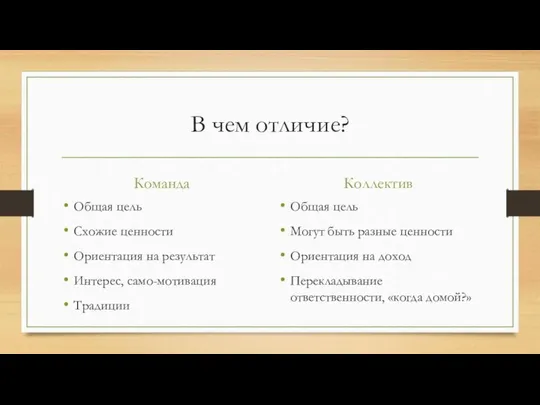 В чем отличие? Команда Общая цель Схожие ценности Ориентация на результат