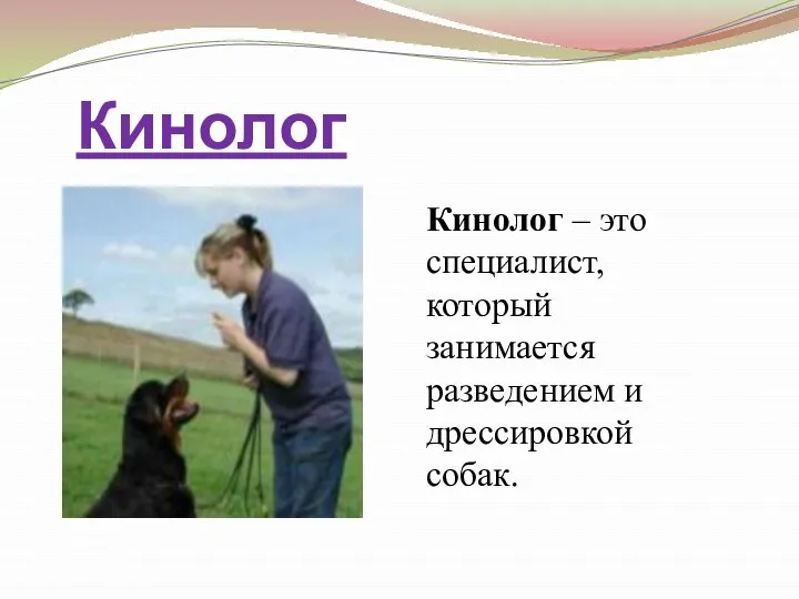 Кинолог Кинолог – это специалист, который занимается разведением и дрессировкой собак.