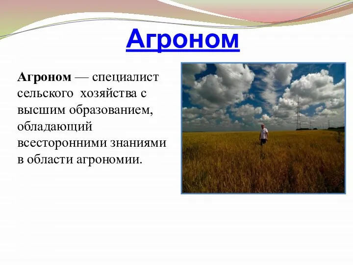 Агроном Агроном — специалист сельского хозяйства с высшим образованием, обладающий всесторонними знаниями в области агрономии.