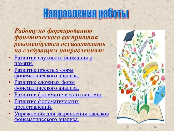 Работу по формированию фонетического восприятия рекомендуется осуществлять по следующим направлениям: Развитие