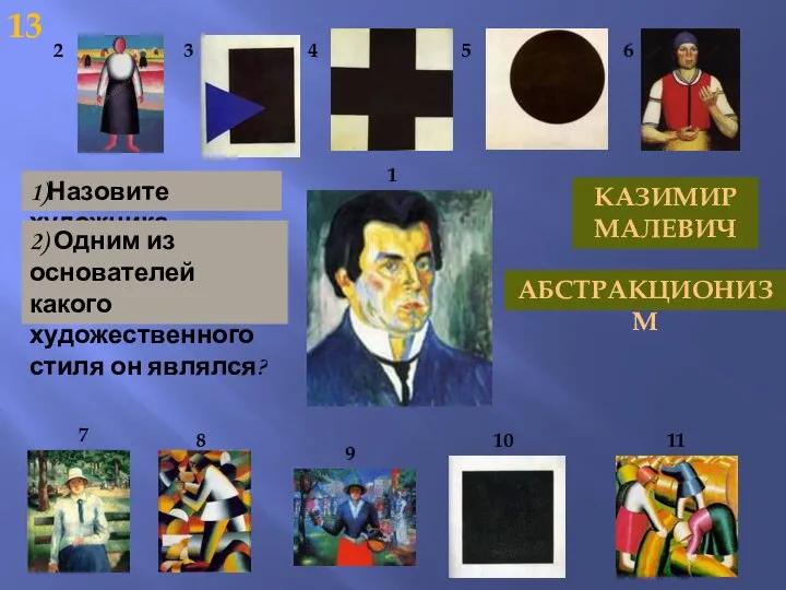 13 1)Назовите художника. КАЗИМИР МАЛЕВИЧ 2) Одним из основателей какого художественного