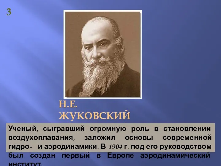 Н.Е. ЖУКОВСКИЙ Ученый, сыгравший огромную роль в становлении воздухоплавания, заложил основы