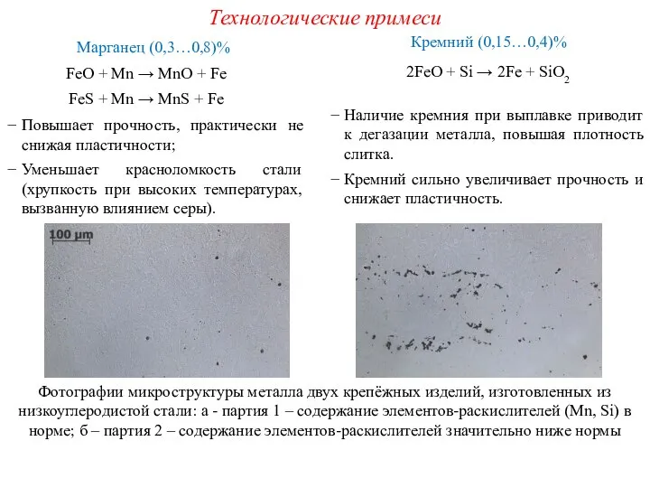 Марганец (0,3…0,8)% FeO + Mn → MnO + Fe FeS +