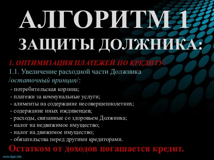 АЛГОРИТМ 1 ЗАЩИТЫ ДОЛЖНИКА: 1. ОПТИМИЗАЦИЯ ПЛАТЕЖЕЙ ПО КРЕДИТУ: 1.1. Увеличение