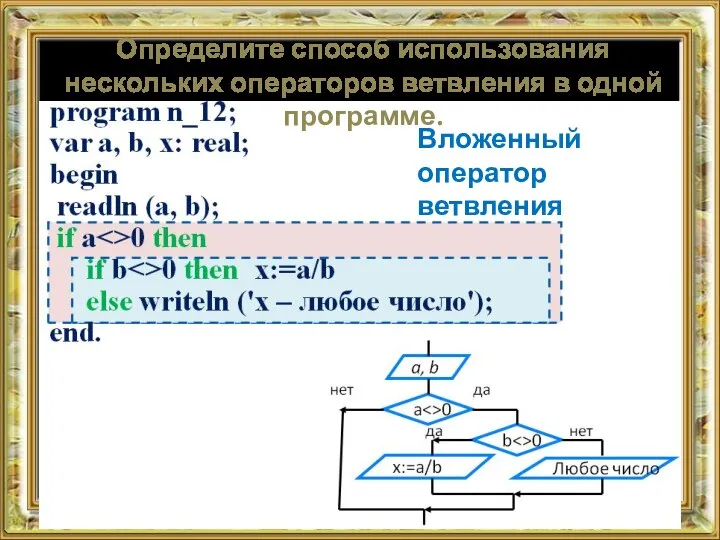 Определите способ использования нескольких операторов ветвления в одной программе. Вложенный оператор ветвления