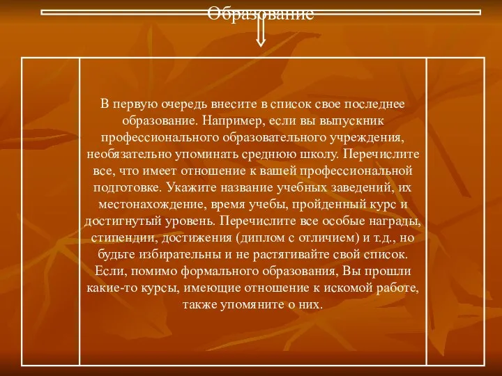 Образование В первую очередь внесите в список свое последнее образование. Например,