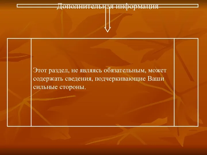 Дополнительная информация Этот раздел, не являясь обязательным, может содержать сведения, подчеркивающие Ваши сильные стороны.