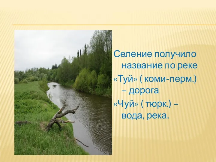 Селение получило название по реке «Туй» ( коми-перм.) – дорога «Чуй» ( тюрк.) – вода, река.