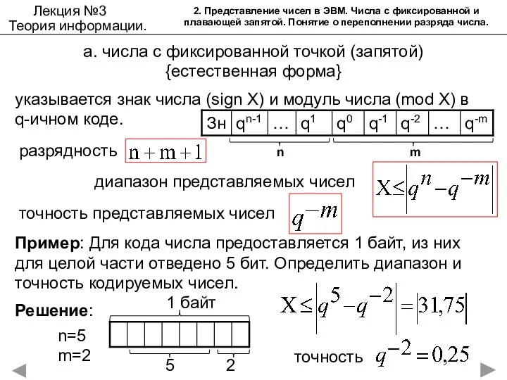 Лекция №3 Теория информации. 2. Представление чисел в ЭВМ. Числа с