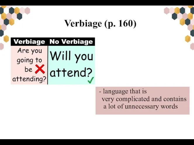Verbiage (p. 160) - language that is very complicated and contains a lot of unnecessary words
