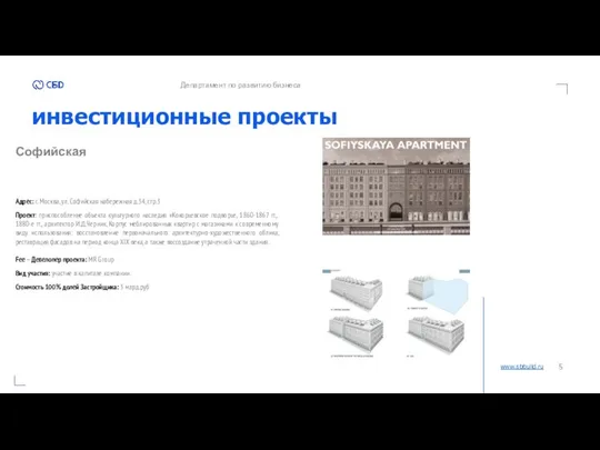 инвестиционные проекты www.sbbuild.ru Департамент по развитию бизнеса Софийская Проект: приспособление объекта