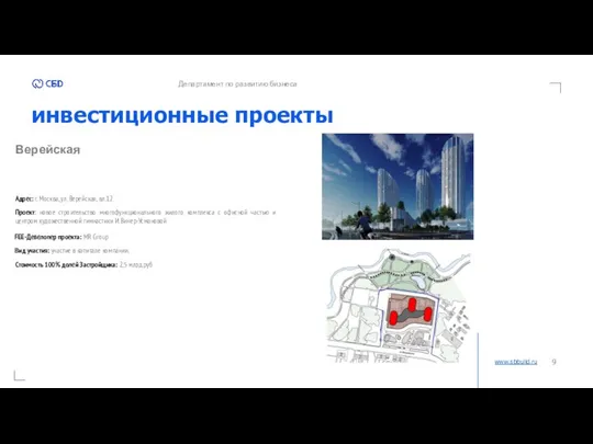 инвестиционные проекты www.sbbuild.ru Департамент по развитию бизнеса Верейская Проект: новое строительство