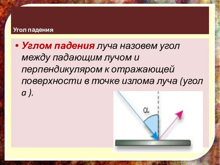 Угол падения Углом падения луча назовем угол между падающим лучом и