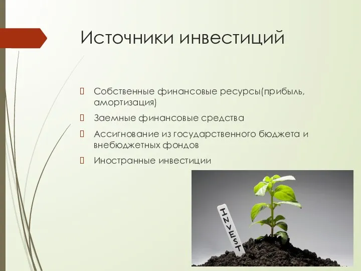 Источники инвестиций Собственные финансовые ресурсы(прибыль, амортизация) Заемные финансовые средства Ассигнование из