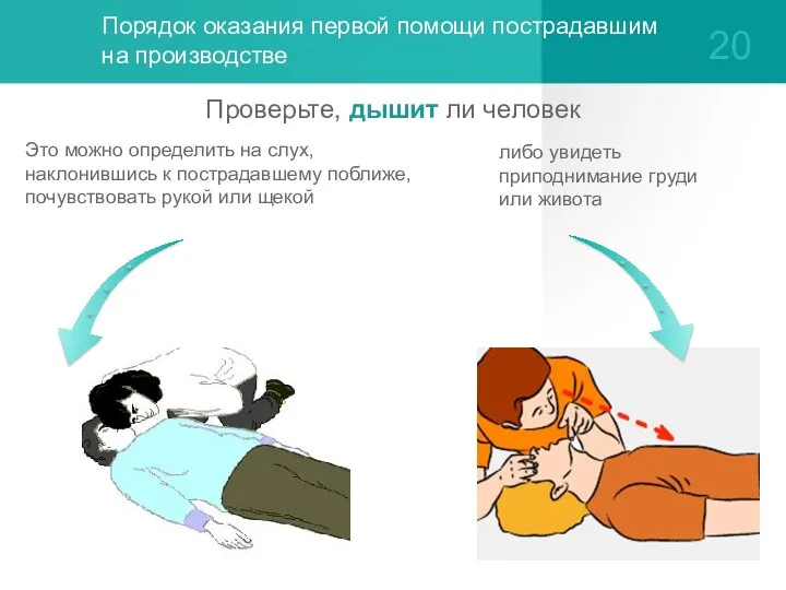 Порядок оказания первой помощи пострадавшим на производстве Проверьте, дышит ли человек