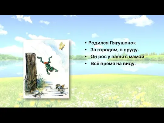 Родился Лягушонок За городом, в пруду. Он рос у папы с мамой Всё время на виду.