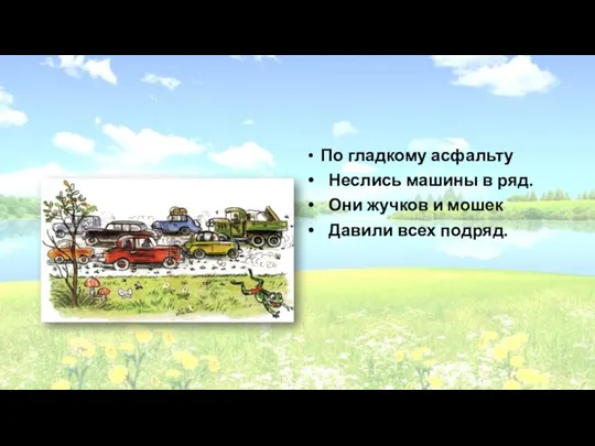 По гладкому асфальту Неслись машины в ряд. Они жучков и мошек Давили всех подряд.