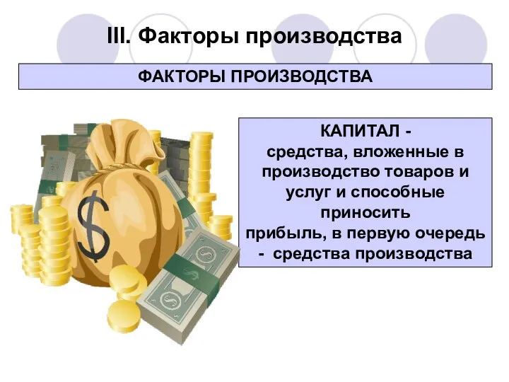 III. Факторы производства ФАКТОРЫ ПРОИЗВОДСТВА КАПИТАЛ - средства, вложенные в производство