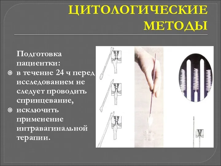 ЦИТОЛОГИЧЕСКИЕ МЕТОДЫ Подготовка пациентки: в течение 24 ч перед исследованием не