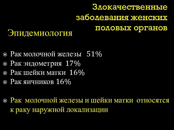 Злокачественные заболевания женских половых органов Эпидемиология Рак молочной железы 51% Рак