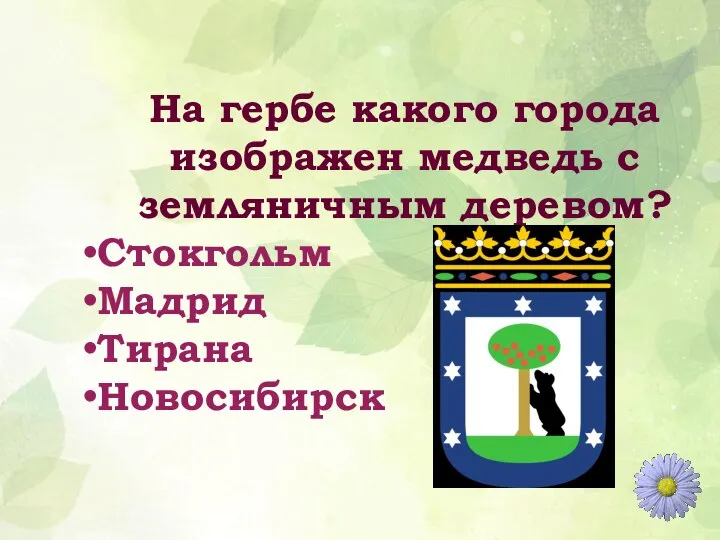 На гербе какого города изображен медведь с земляничным деревом? Стокгольм Мадрид Тирана Новосибирск