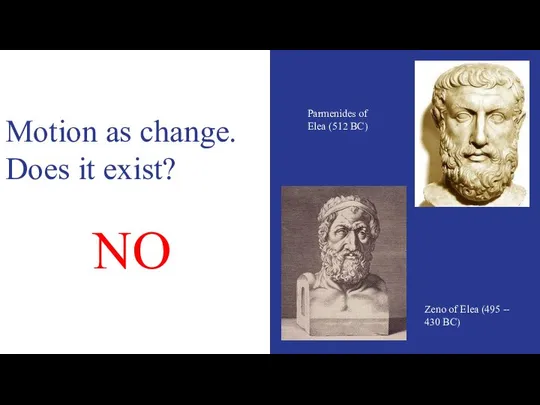 Motion as change. Does it exist? NO Parmenides of Elea (512