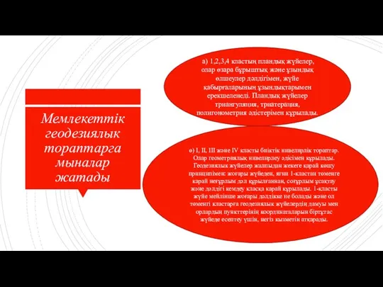 Мемлекеттік геодезиялык тораптарга мыналар жатады а) 1,2,3,4 кластың пландық жүйелер, олар