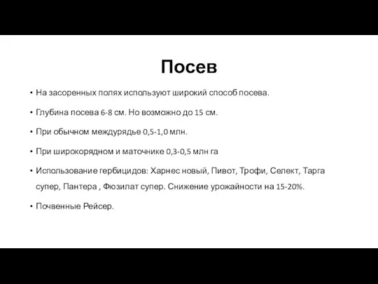 Посев На засоренных полях используют широкий способ посева. Глубина посева 6-8