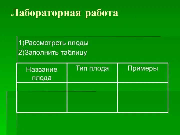 Лабораторная работа 1)Рассмотреть плоды 2)Заполнить таблицу