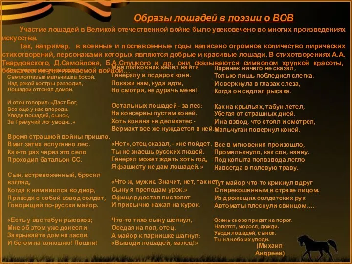 Образы лошадей в поэзии о ВОВ Он с отцом в ночное