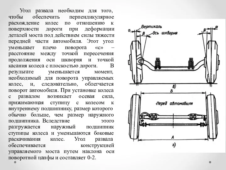 Угол развала необходим для того, чтобы обеспечить перпендикулярное расхождение колес по