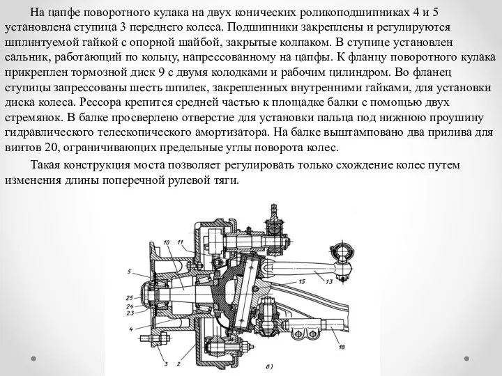 На цапфе поворотного кулака на двух конических роликоподшипниках 4 и 5