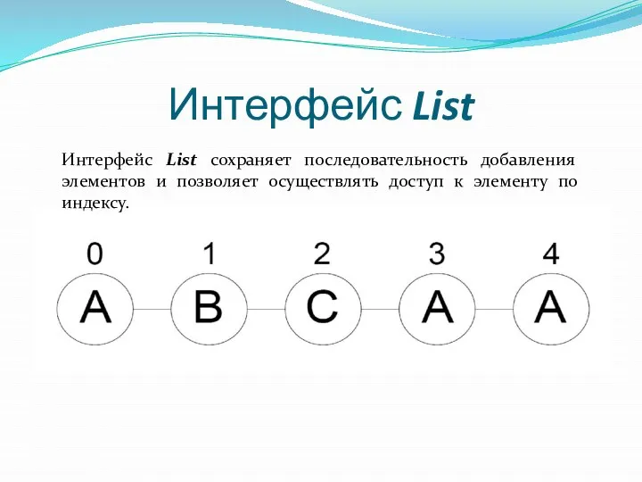 Интерфейс List Интерфейс List сохраняет последовательность добавления элементов и позволяет осуществлять доступ к элементу по индексу.