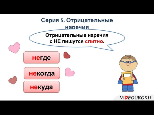 Серия 5. Отрицательные наречия Отрицательные наречия с НЕ пишутся слитно. негде некогда некуда