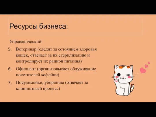 Ресурсы бизнеса: Управленческий Ветеринар (следит за сотоянием здоровья кошек, отвечает за