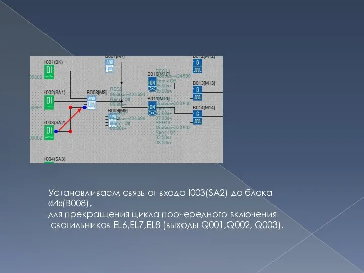 Устанавливаем связь от входа I003(SA2) до блока «И»(В008), для прекращения цикла