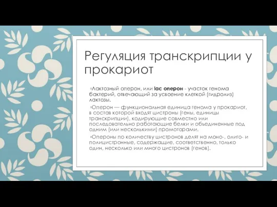 Регуляция транскрипции у прокариот Лактозный оперон, или lac оперон - участок