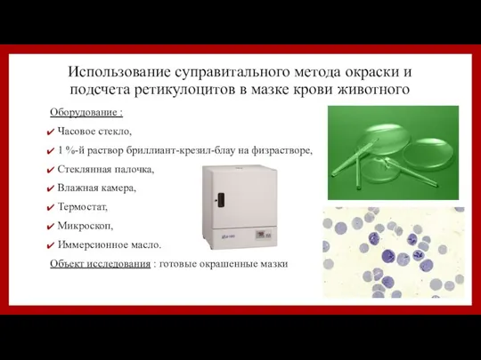 Использование суправитального метода окраски и подсчета ретикулоцитов в мазке крови животного