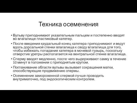 Техника осеменения Вульву приподнимают указательным пальцем и постепенно вводят во влагалище