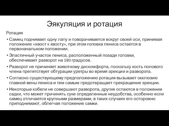 Эякуляция и ротация Ротация Самец поднимает одну лапу и поворачивается вокруг