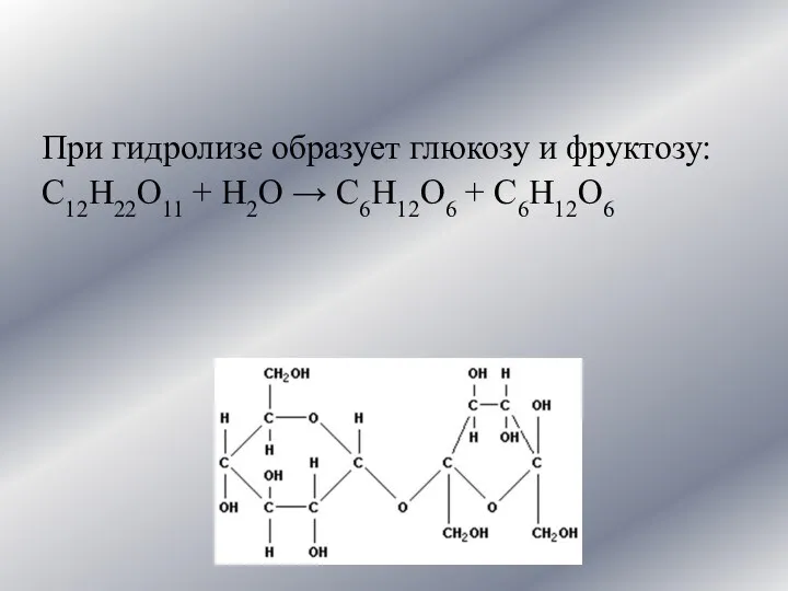 При гидролизе образует глюкозу и фруктозу: С12Н22О11 + Н2О → С6Н12О6 + С6Н12О6
