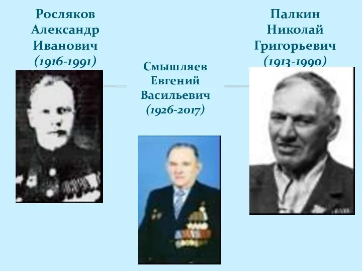 Росляков Александр Иванович (1916-1991) Палкин Николай Григорьевич (1913-1990) Смышляев Евгений Васильевич (1926-2017)