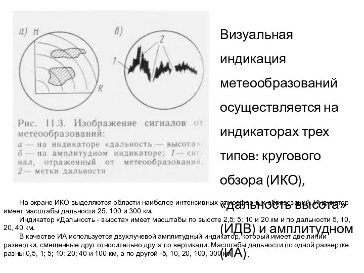 Визуальная индикация метеообразований осуществляется на индикаторах трех типов: кругового обзора (ИКО),