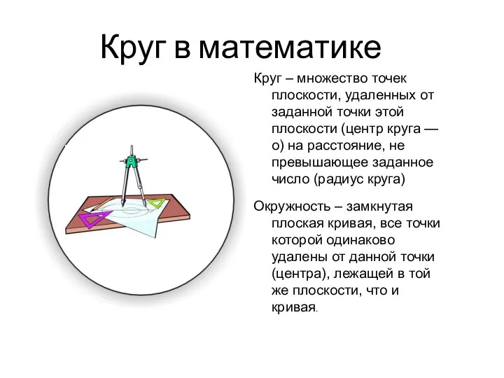 Круг в математике Круг – множество точек плоскости, удаленных от заданной