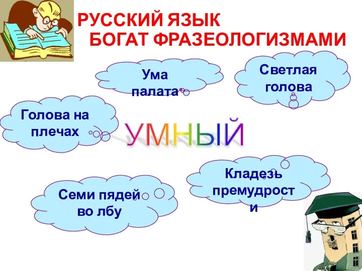 РУССКИЙ ЯЗЫК БОГАТ ФРАЗЕОЛОГИЗМАМИ УМНЫЙ Светлая голова Кладезь премудрости Семи пядей