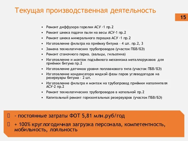 Текущая производственная деятельность Ремонт диффузора горелки АСУ -1 пр.2 Ремонт шнека